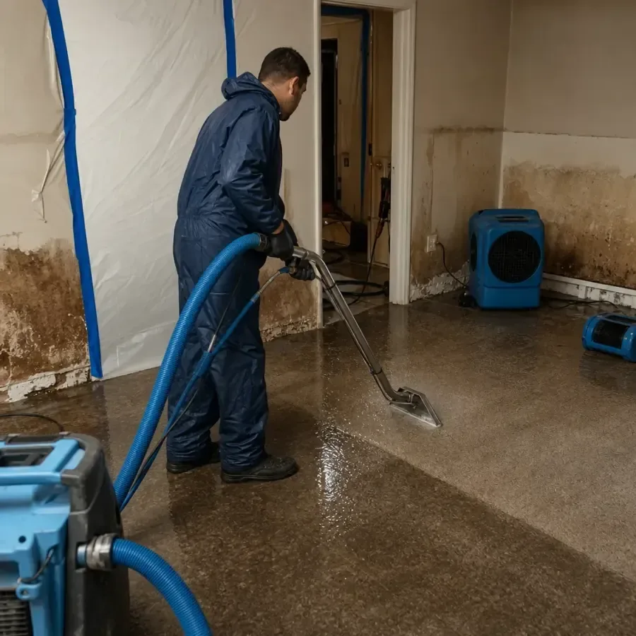 Restoration technician running an extraction wand across a wet floor inside a water damaged home before drying begins