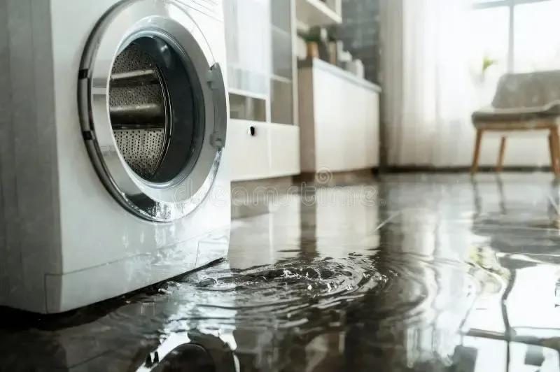 Water spreading across the floor in front of a leaking washing machine