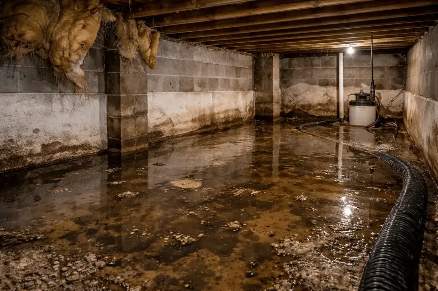 Standing water in a crawl space with block piers and a drain hose