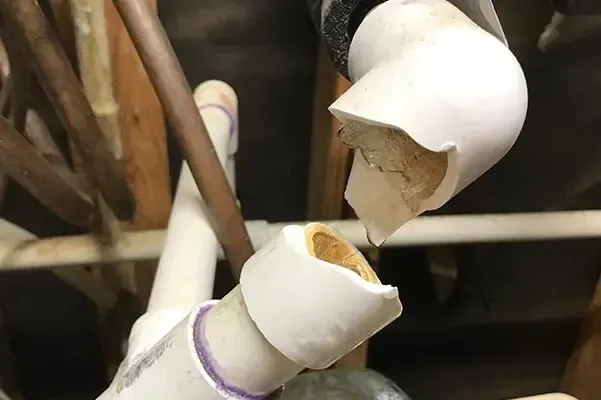 Pipe split open by a hard freeze inside a home