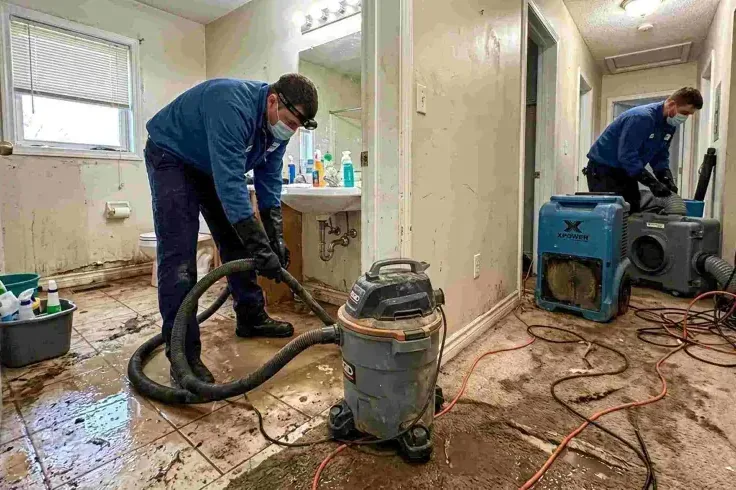Masked technicians extracting a sewage backup from a bathroom floor