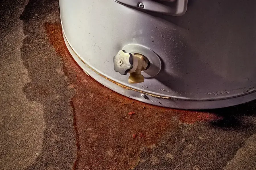 Rusty water spreading across the floor around the base of a leaking water heater